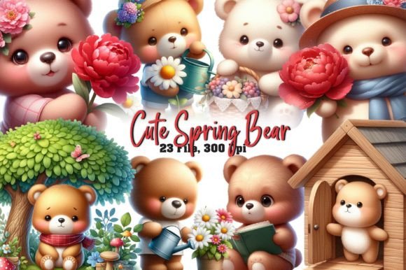 Cute Spring Bear Watercolor Clipart for Design Projects