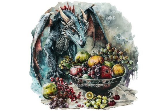 Dragon and Fruit Watercolor PNG Design Assets