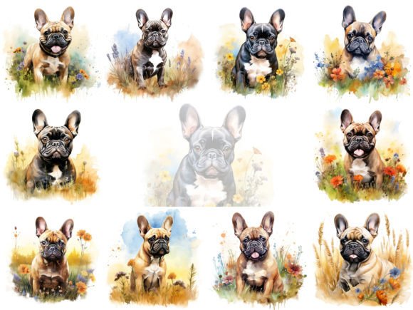 French Bulldog Watercolor Clipart Set