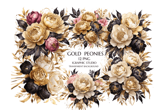 Gold Peony Watercolor Clipart for Branding and Design