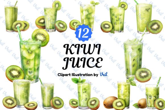 Kiwi Juice Clipart Watercolor Bundle