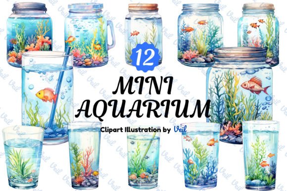 Mini Aquarium Clipart Watercolor Bundle