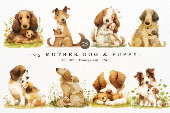 Mom and Baby Dog Watercolor Clipart for Designs