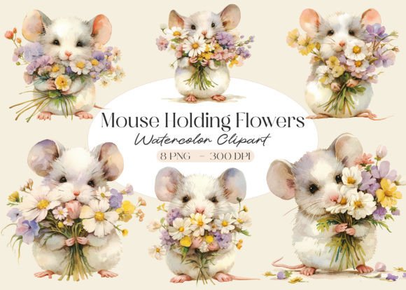 Mouse Holding Flowers Watercolor Clipart