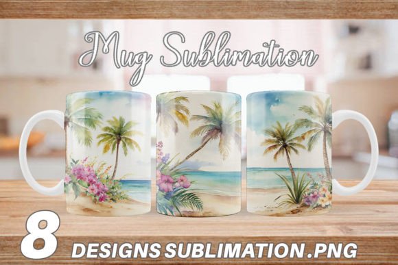 Mug Wrap Watercolor Beach Scene