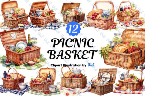 Picnic Basket Watercolor Clipart: Whimsical Design Bundle