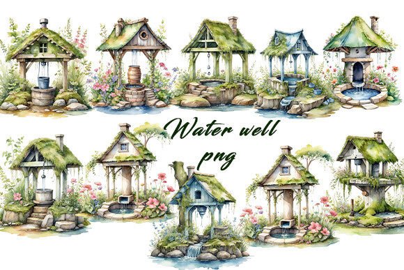 Water Well Watercolor Clipart Bundle
