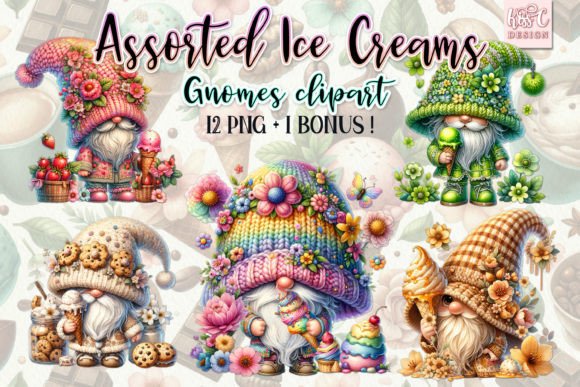 Watercolor Assorted Ice Cream Gnomes PNG for Playful Branding