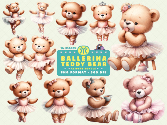 Watercolor Ballerina Teddy Bear Clipart for Creative Projects