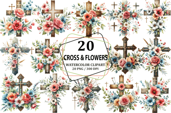 Watercolor Cross with Flowers Clipart