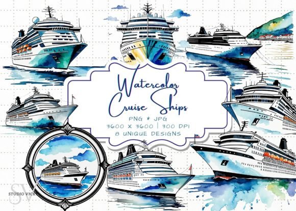 Watercolor Cruise Ship Clipart Bundle for Creative Projects