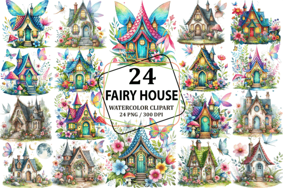 Watercolor Fairy House Clipart Design