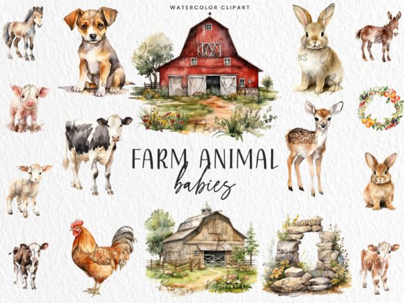 Watercolor Farm Babies Clipart Bundle