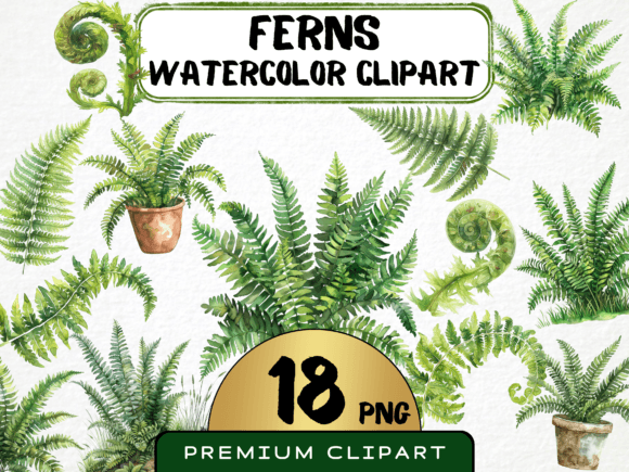Watercolor Ferns Clipart Bundle