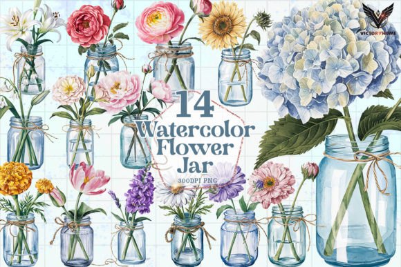 Watercolor Flower Jar Clipart PNG