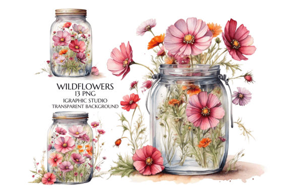 Watercolor Flowers in Jar Clipart for Design