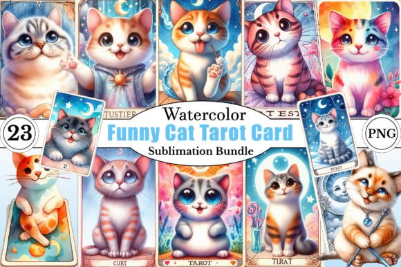 Watercolor Funny Cat Tarot Card Clipart