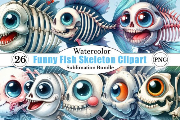 Watercolor Funny Fish Skeleton Clipart
