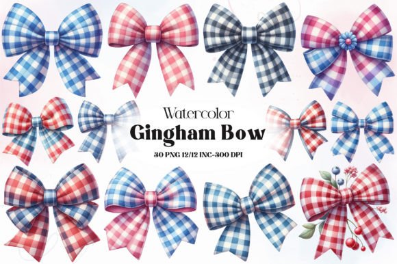 Watercolor Gingham Bow Clipart for Creative Projects