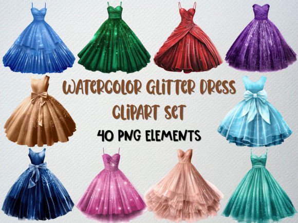 Watercolor Glitter Dress Clipart: 40 PNGs for Standout Designs