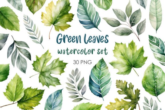 Watercolor Green Leaves PNG Clipart Set