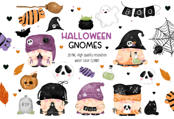 Watercolor Halloween Gnomes Clipart