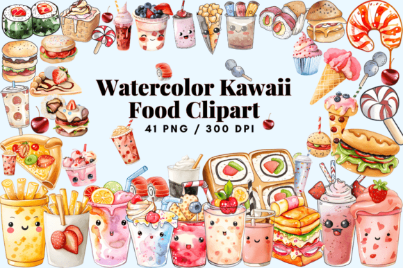 Watercolor Kawaii Food Clipart Cute PNG for Creative Projects