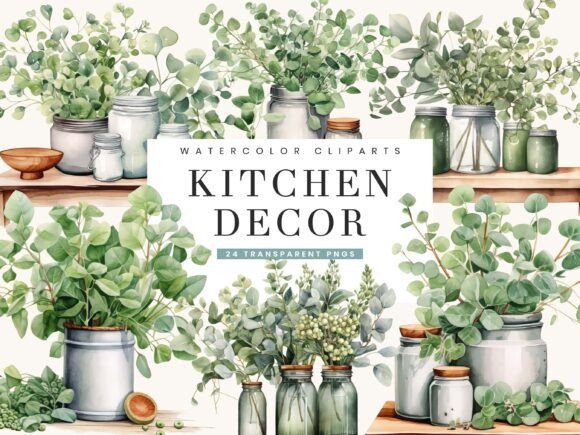Watercolor Kitchen Decor Clipart Bundle