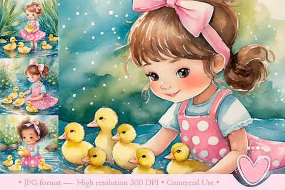Watercolor Little Girls and Ducklings: A Whimsical Display Font