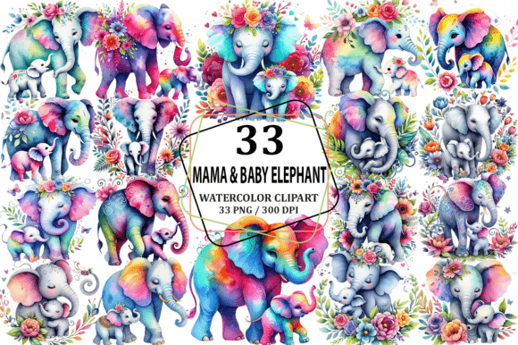 Watercolor Mama Baby Elephant Clipart for Gentle Branding
