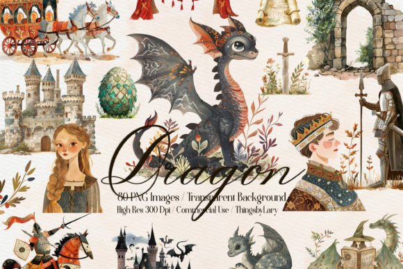 Watercolor Medieval Dragon Royal PNG Collection