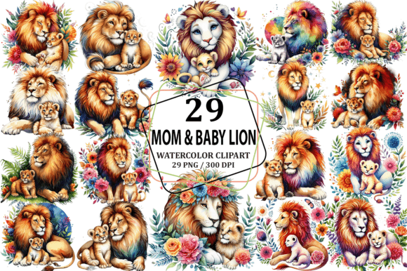 Watercolor Mom Baby Lion Clipart PNG – Gentle Storytelling for Designers & Brands