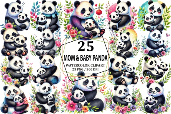 Watercolor Mom Baby Panda Clipart PNG