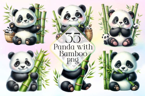 Watercolor Panda with Bamboo Clipart PNG