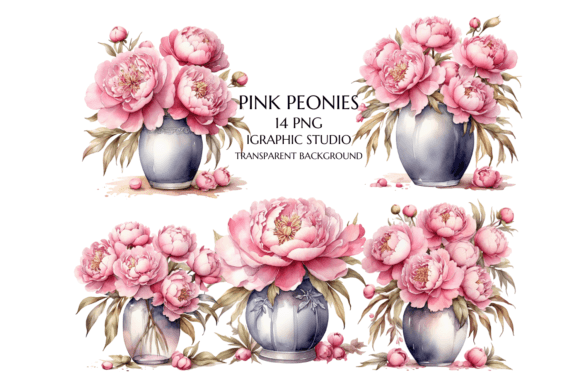 Watercolor Pink Peony Bouquet in Vase
