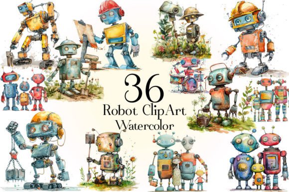 Watercolor Robot Clipart for Creative Design Work