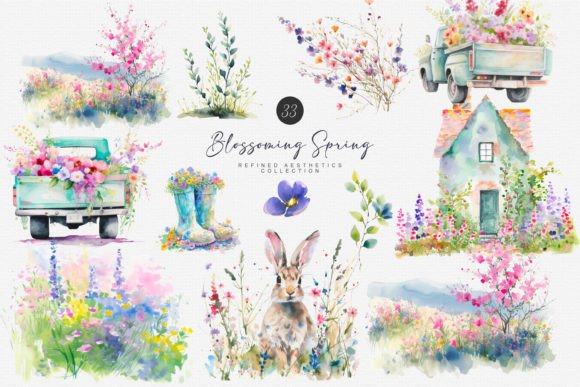 Watercolor Spring Scenery Clipart: Visual Style & Use