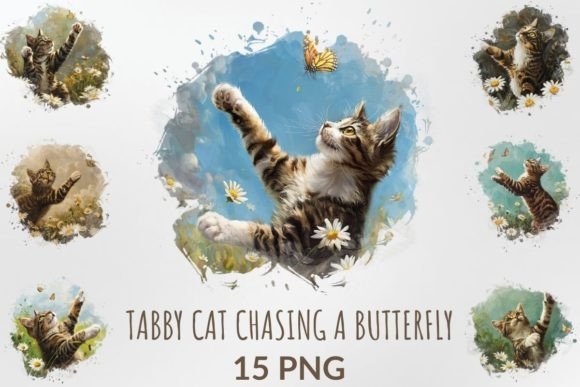 Watercolor Tabby Cat Chasing a Butterfly