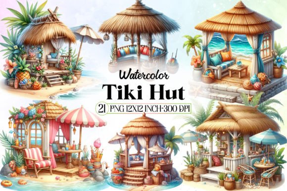 Watercolor Tiki Hut Clipart for Tropical Branding