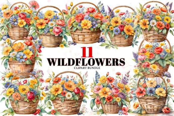 Watercolor Wildflowers Basket Clipart for Thoughtful Design Work