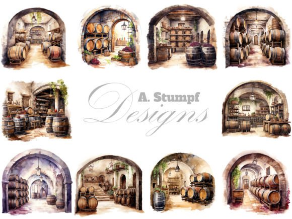 Wine Basement Watercolor Clipart Set